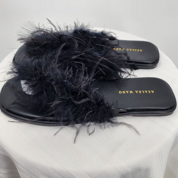 AZALEA WANG Pammy Black Maribou Feather Flat Thong Sandals Slippers 7.5 NWT - Picture 12 of 16